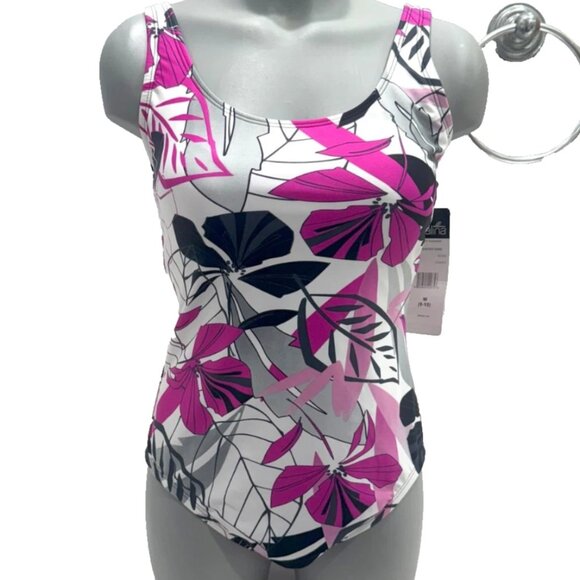 Catalina Swimsuit Med One Piece Floral Racer Back in Black / White & Purple NWT - Picture 1 of 9